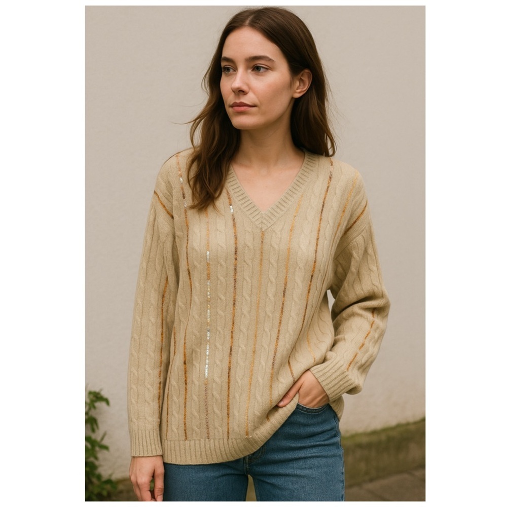 CLASSIQUES ENTIER Lambswool Angora Sequin V-Neck Sweater butter yellow m
